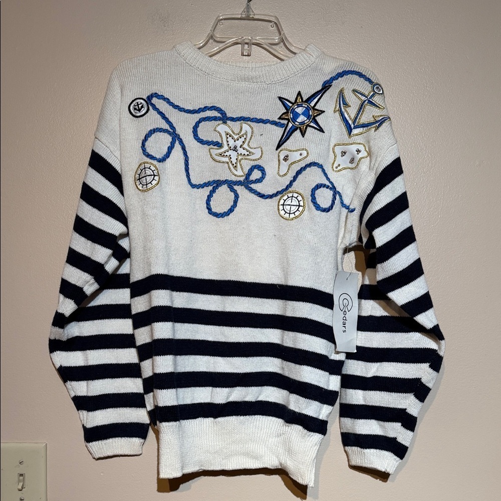 Cedars vintage Nautical Embroidered Striped Sweater